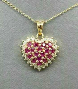 3Ct Round Cut Lab Created Red Ruby Heart Shape Pendant 14K Yellow Gold Finish - Picture 1 of 5