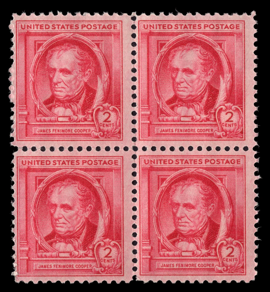US Scott # 860, James Fenimore Cooper, Block (note) of (4) 1940 3¢ Stamps, MNH - Image 1 of 1