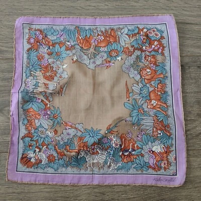 Pañuelo de seda vintage Fisba Stoffels Pink Animals Jungle Hankie Mid Century Foto 1 de 4