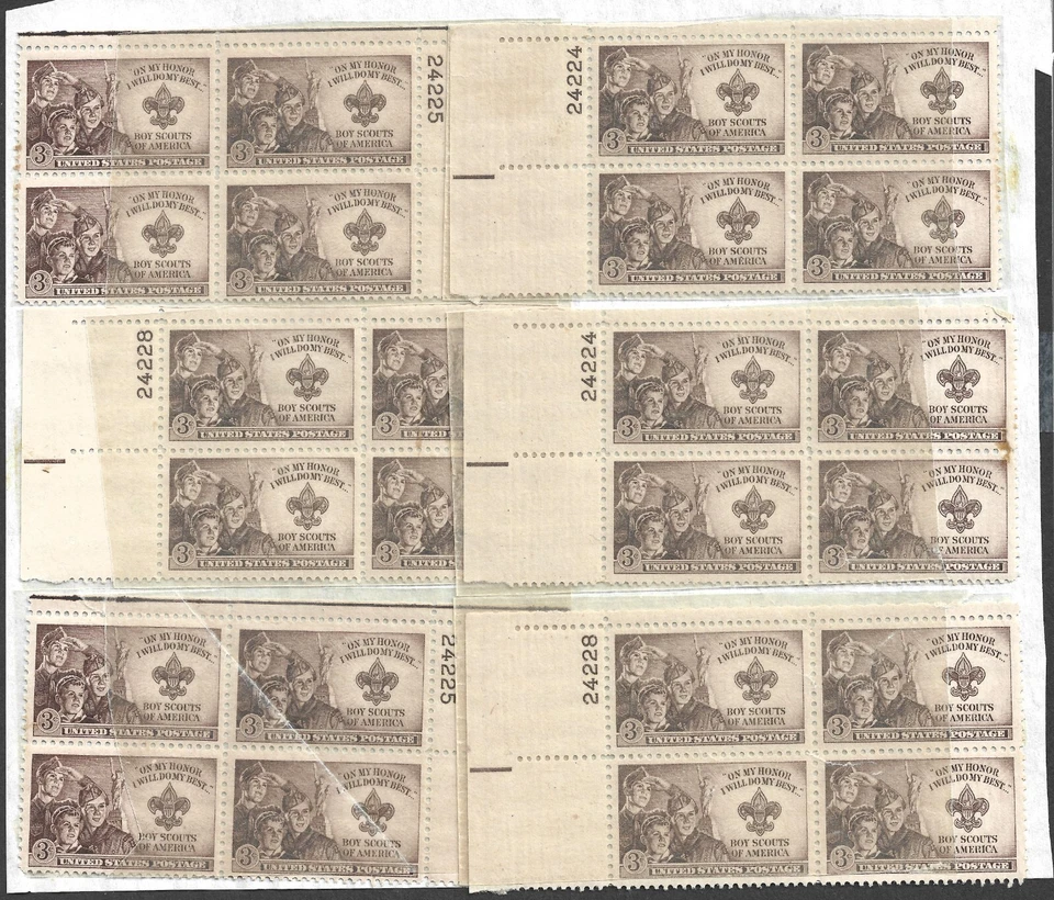 US STAMPS 995 PLATE BLOCK SECONDS 3C BROWN  BOY SCOUTS MINT HINGED - Image 1 of 1