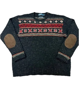 Polo Ralph Lauren Vintage Wool Linen Silk Fair Isle Elbow Patch Sweater Sz XL - Picture 1 of 9