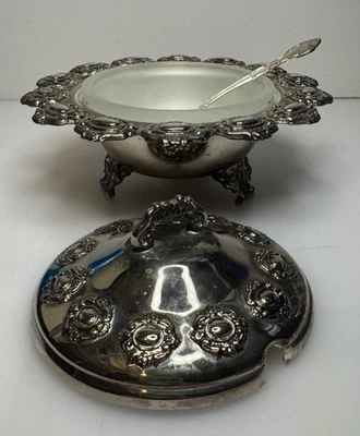 Prato de molho/prato ornamentado vintage placa de prata com tampa forro de vidro colher 6,5x3,75 - Imagem 1 de 4