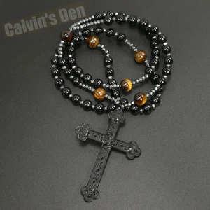 Large Gothic Punk Cross Pendant Tiger Eye Black Onyx Beads Rosary Necklace Men - Picture 1 of 8