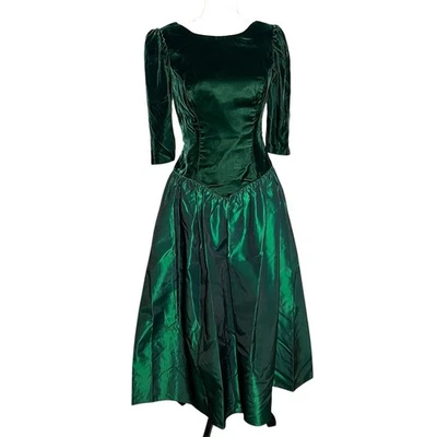 复古 80 年代翡翠绿色天鹅绒塔夫绸礼服水钻露背正装连衣裙 S — 第 1/4 张图片