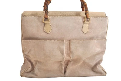 Authentic GUCCI Vintage Bamboo 2Way Shoulder Hand Bag Suede Leather Beige 3979N - Image 1 of 4