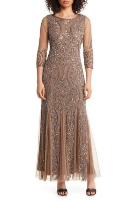 Maxi Vestido de Noche Pisarro Nights Para Mujer Lentejuelas Cuentas Malla Moca Talla 10 Foto 1 de 2