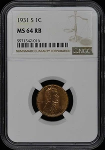 1931-S Wheat Reverse Lincoln Cent 1C NGC MS64RB - Picture 1 of 4