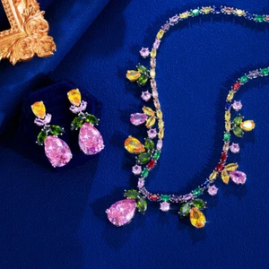 Top Pink Drop Leaf Wedding Necklace Earring Silver Plated CZ Wedding Jewelry Set - Picture 1 of 8