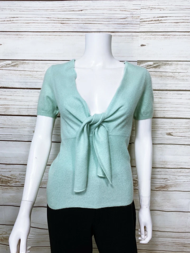 Suéter Moda International Mujer Talla S Verde Corbata Frontal Manga Corta 100% Cachemira Foto 1 de 4