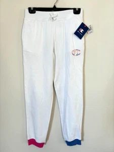 NWT CHAMPION Sweatpants Girls Size Large White Fleece Pink Blue Cuffs Cozy - Picture 1 of 6