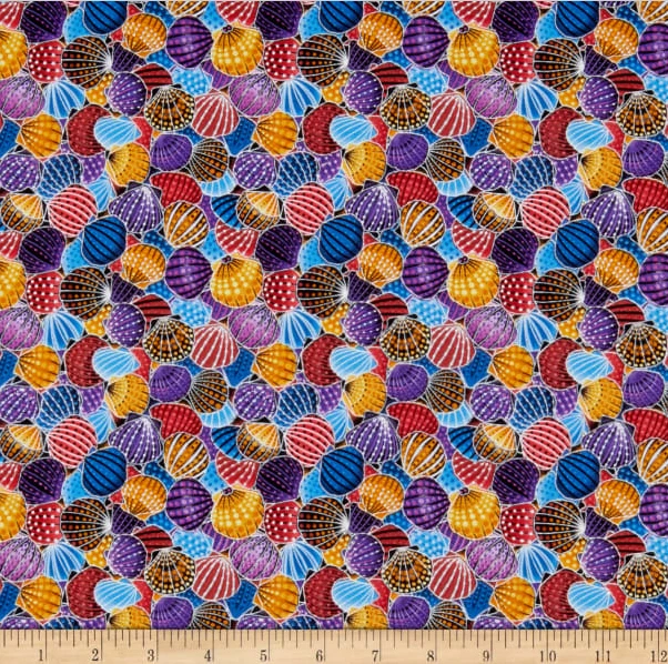 BTY Oasis Way Under SEASHELLS Cores Brilhantes Estampa 100% Algodão Colcha Tecido Quintal - Imagem 1 de 1