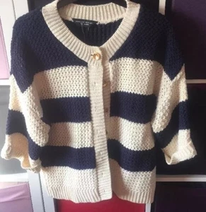 BNWT Navy And Cream chunky knit Striped Cardigan 16 - Picture 1 of 3