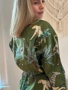 Indian Green Forest Print Cotton Long Kimono Women's Nightwear Robes Gown Dress - Picture 1 of 3