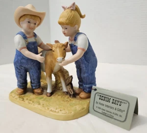 Vintage HOMCO Denim Days Figurine 1998 Barnyard Baby Cow Calf #88351 - Picture 1 of 8