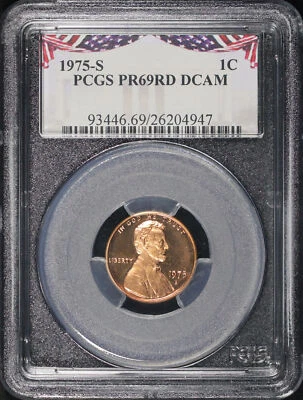 1975-S Lincoln Memorial Cent PCGS PR-69 DCAM Flag Label - Image 1 of 2