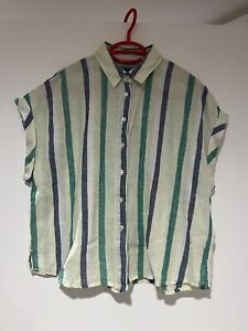 Banana Republic Blouse Shirt Linen Cotton Blend Green Striped Women Size XS