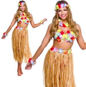 Hawaiian Girl Set Adults Lei Hula Skirt Beach Party Fancy Dress Kit 5pc