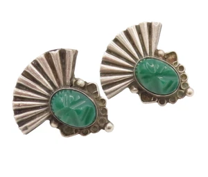 MEXICO 925 Silver Vintage Carved Warrior Onyx Screw Back Earrings EG12395 - Picture 1 of 6
