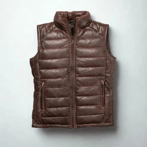 Mens Brown Genuine Leather Puffer Vest Quilted Winter Warm Biker Gilet Waistcoat - Picture 1 of 6