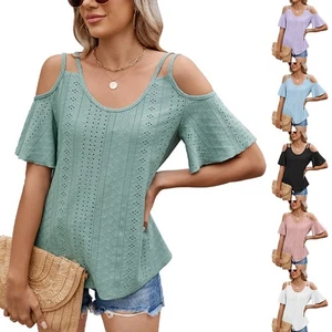 Solid Color Womens Off Shoulder V Neck Loose Short Sleeve T Shirt Lightweight - Picture 1 of 96