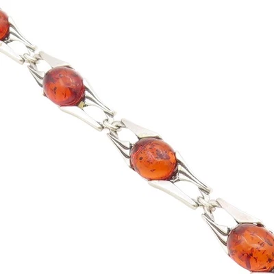 Pulseira vintage de prata esterlina 925 cabochão mel âmbar corrente de elos BT11536 - Imagem 1 de 4