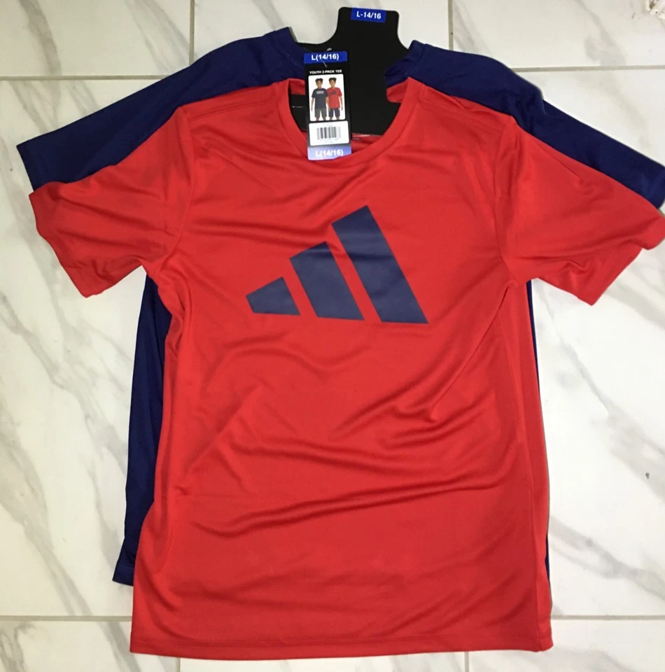 Boy's Adidas 2 Pack Active Tee Shirts Size Large 14 - 16 Navy Blue and Red