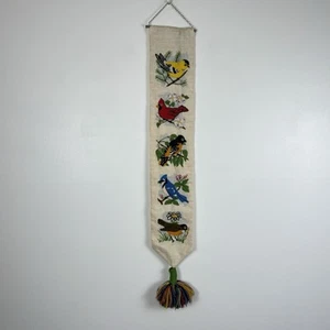 VTG Bell Pull Tapestry Embroidered Birds Cardinal Robin Bluejay Finch - Picture 1 of 13
