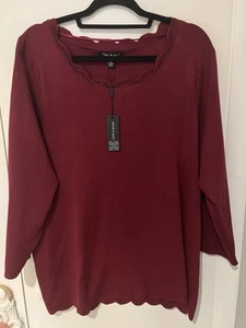 NWT Cable & Gauge Womens Maroon Three Quarter Sleeves Scallop Neck Blouse Top 2X - Picture 1 of 5