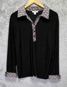 Dressbarn Tunika Top Gr. 1X Schwarz Geometrischer Kragen V-Ausschnitt Preppy Büro Retro - Bild 1 von 7