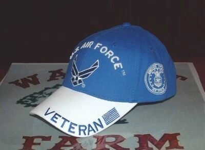 USAF Air Force Veteran Duel Emblem Military Licensed Embroidered White Bill Cap. - Image 1 of 3