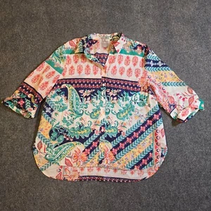 Chicos Top Womens Size XL Green Linen Paisley Patchwork Button Casual Career - Picture 1 of 8