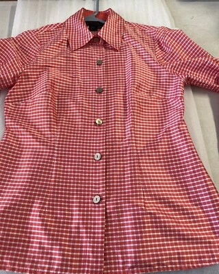 Nina McLemore Size 00 Silk Check Blouse Coral Red White Button Up Classic - Image 1 of 4