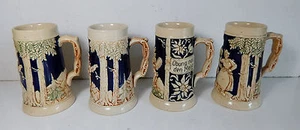 Piccolo set di 4 birre Stein in ceramica blu ?Vintage? Maker segni sconosciuti sul fondo - Foto 1 di 12