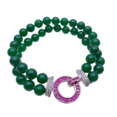 Pulsera 2 Filas Verde Jade Cuentas Circonita Pavé Cierre Ajustable Mujeres Boda Joyería Foto 1 de 4