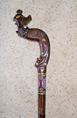 Pavão chinês Ming feito à mão madeira escura 3 peças bengala com granada e turquesa - Imagem 1 de 4