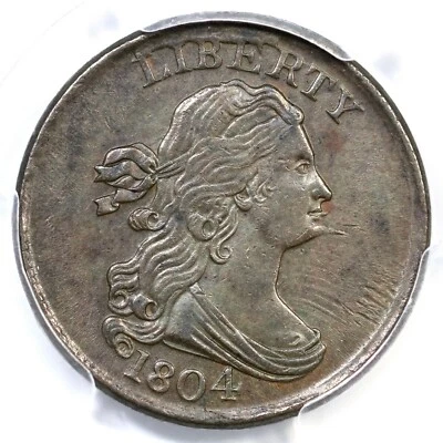 Монета номиналом полцента 1804 C-8 LDS PCGS AU 53 с шипами подбородок драпированный бюст 1/2 цента - Изображение 1 из 3