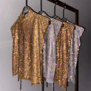 Women Rhinestone Sleeveless Tank Top Sparkle Shimmer Hollow Out Vest Clubwear - Picture 1 of 25