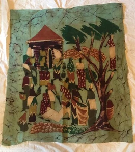 Vintage African Textile Fabric Hand Painted or Printed Village Scene - Picture 1 of 2