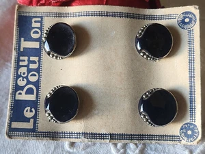 Petite plaque lot 4 boutons anciens en verre bleu argenté pied 1,8 cm - Picture 1 of 9