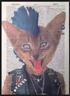 Punk Cat Print Vintage Dictionary Page Wall Art Picture Kitten Animal in Clothes