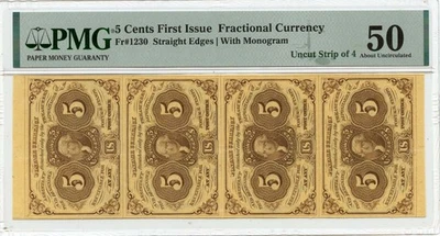 Fractional Currency First Issue 5 Cents FR#1230 PMG AU50 Uncut Strip - Image 1 of 2