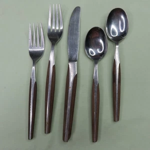 ELD2 Brown Lot of 5 Eldan Dinner Fork Salad Fork 2 Teaspoons Knife Wood-look - Picture 1 of 10