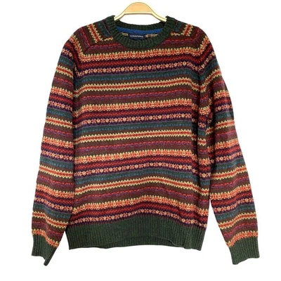 Lands End Lambswool Fair Isle Sweater Men  L Green Multicolor 80s Cosby Style - Image 1 of 4