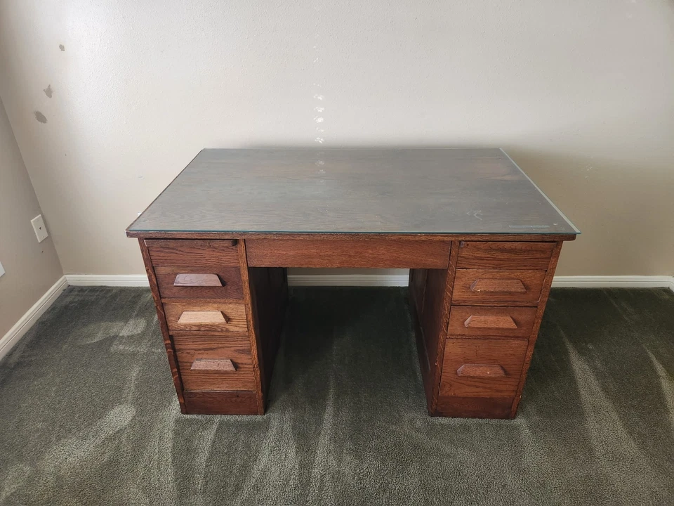 Solid Wood Desk With Writing Drawers And Custom-made Glass Top - Image 1 of 3