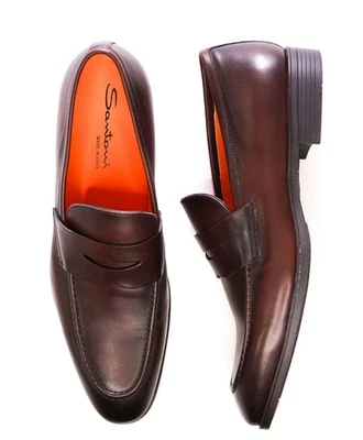$1,050 Santoni Dark Brown Leather Penny Loafers US 9 (UK8) - Image 1 of 4