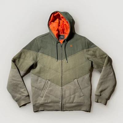 Hurley Мужская замок выстеганная полный молнии куртка с капюшоном зеленый, оранжевый подкладка винтажный Y2K - Изображение 1 из 4
