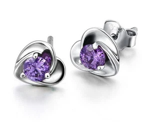 Fashion Women Solid 925 Sterling Silver Heart Crystal Ear Stud Earrings Jewelry - Picture 1 of 14