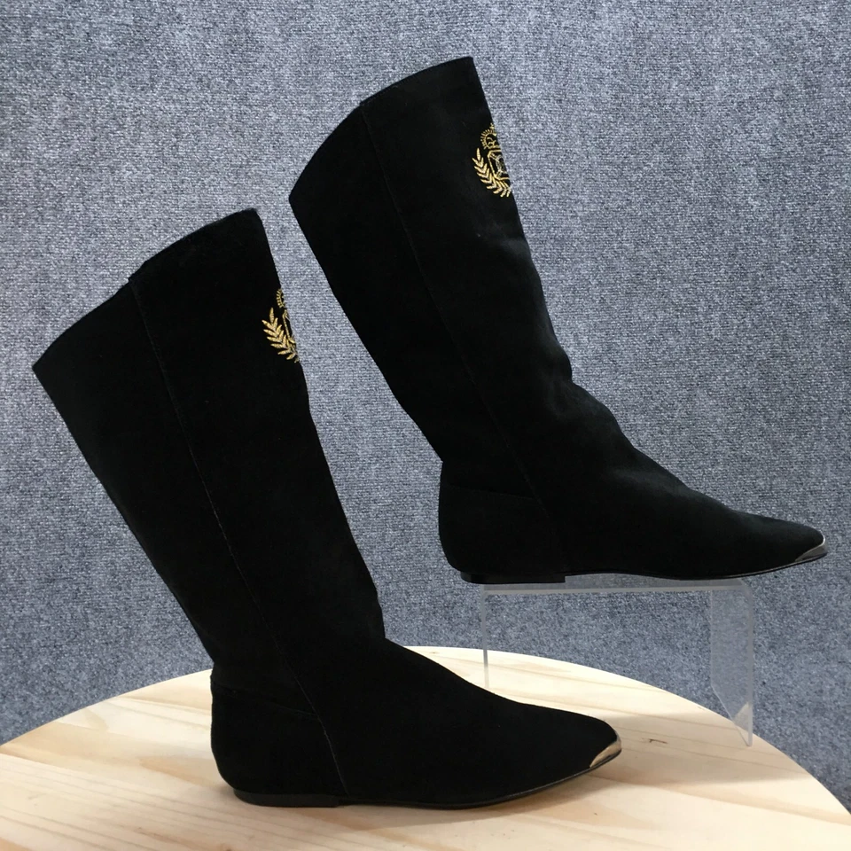 Wild Pair Boots Womens 7.5 B Almond Toe Mid Calf Riding Black Leather Pull On - Image 1 of 4