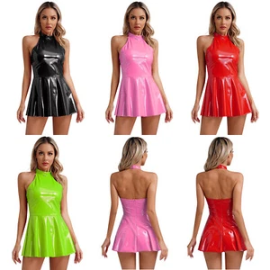 Women Wet Look PVC Leather Bodycon Mini Dress Halter Backless Club Party Dresses - Picture 1 of 42