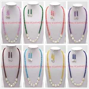2x4mm Natural Multicolor Gems & 12-13mm White Coin Pearl Necklace Earrings 18" - Picture 1 of 36